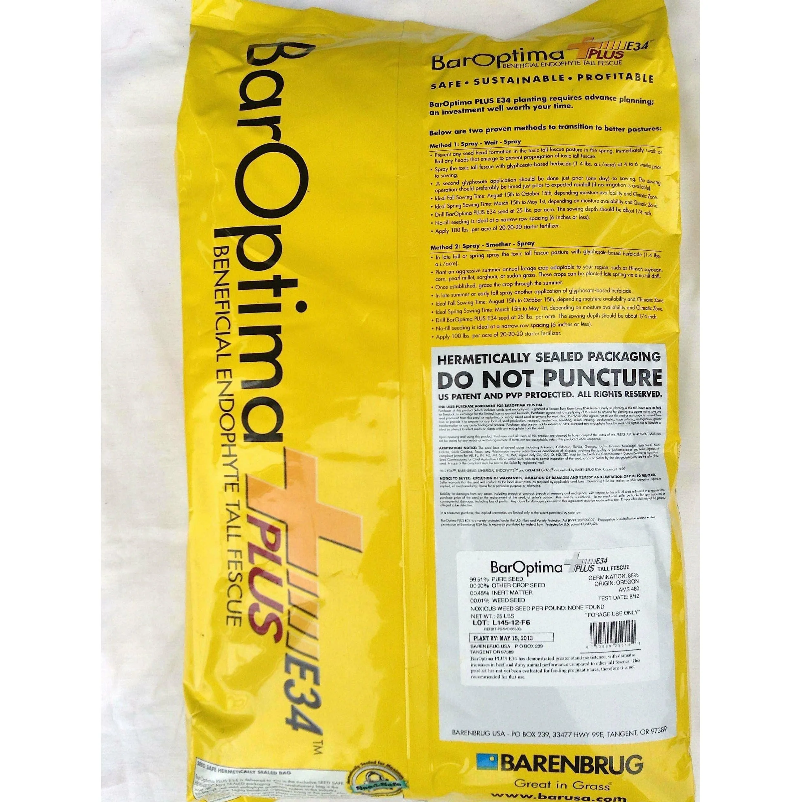 Bar Optima Plus E34 Tall Fescue Grass Seeds - 25 lbs. (Novel Friendly Endophyte)