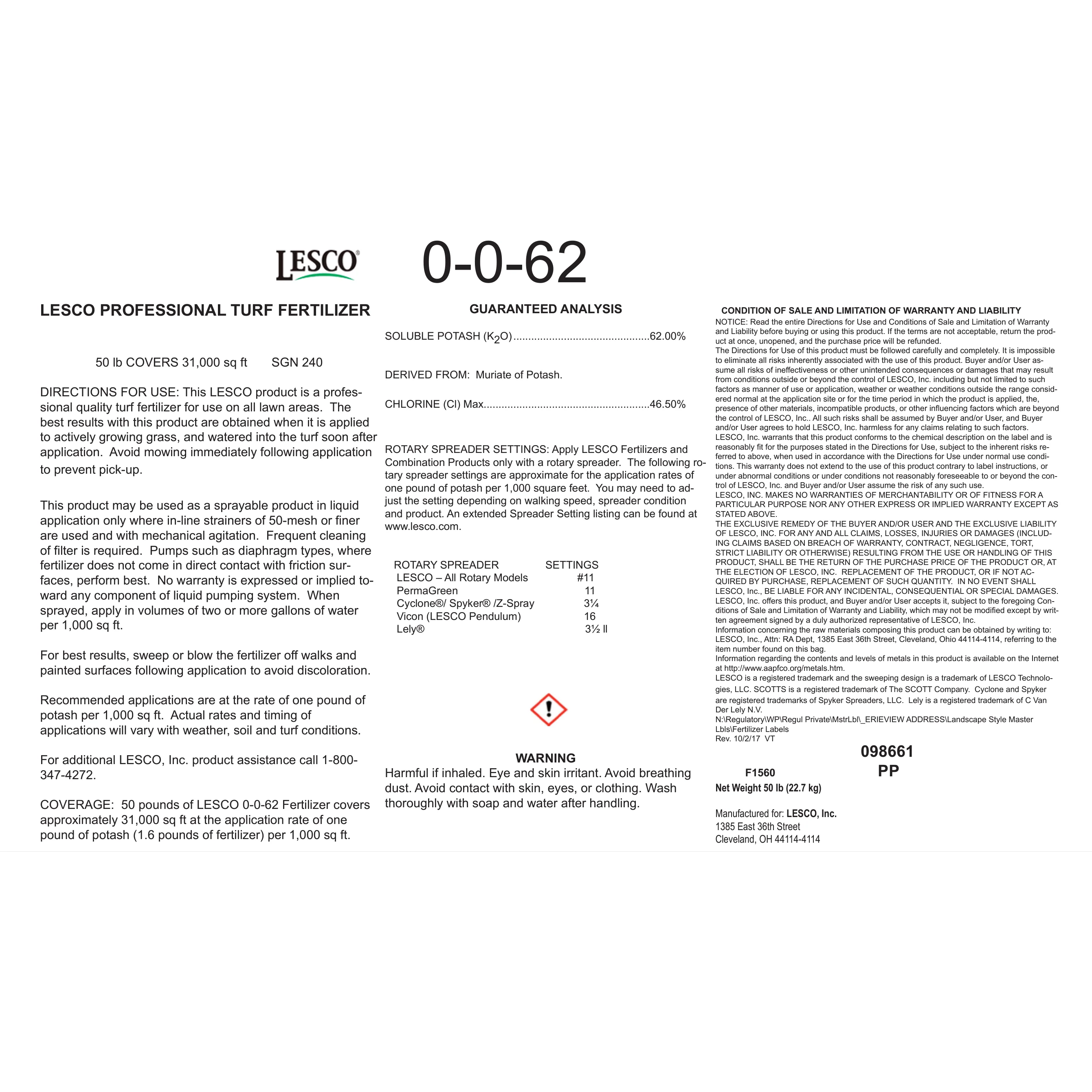 Lesco Murate of Potash 0-0-62 MOP Fertilizer - 50 Lbs. - Image 2